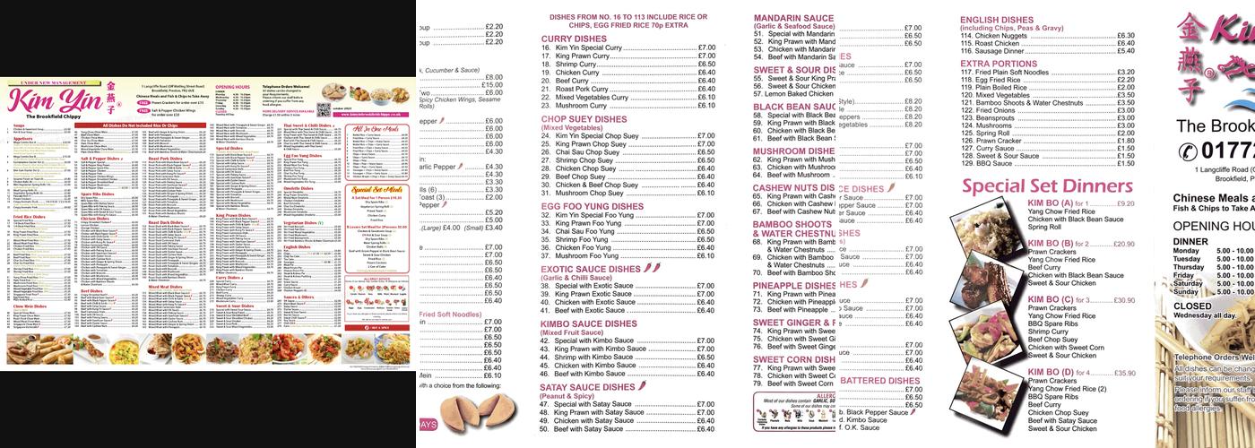 Kim Yin Brookfield Chippy. Menu