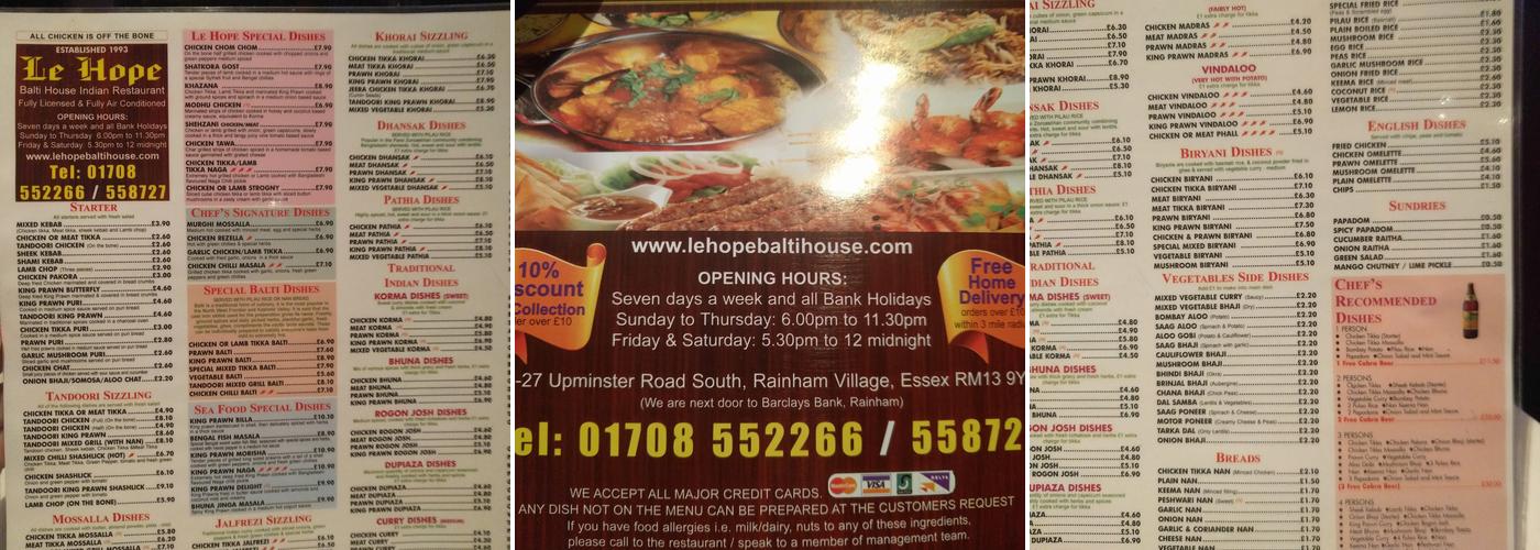 Le Hope Balti House, Rainham Menu