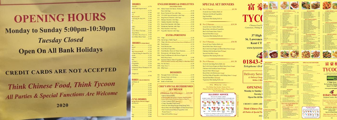 Tycoon Chinese Takeaway Menu