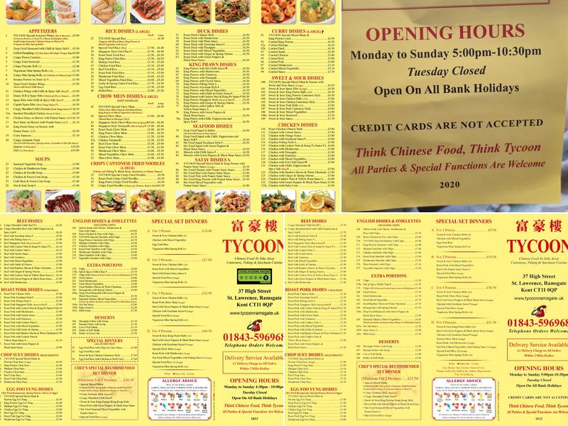 Tycoon Chinese Takeaway Menu