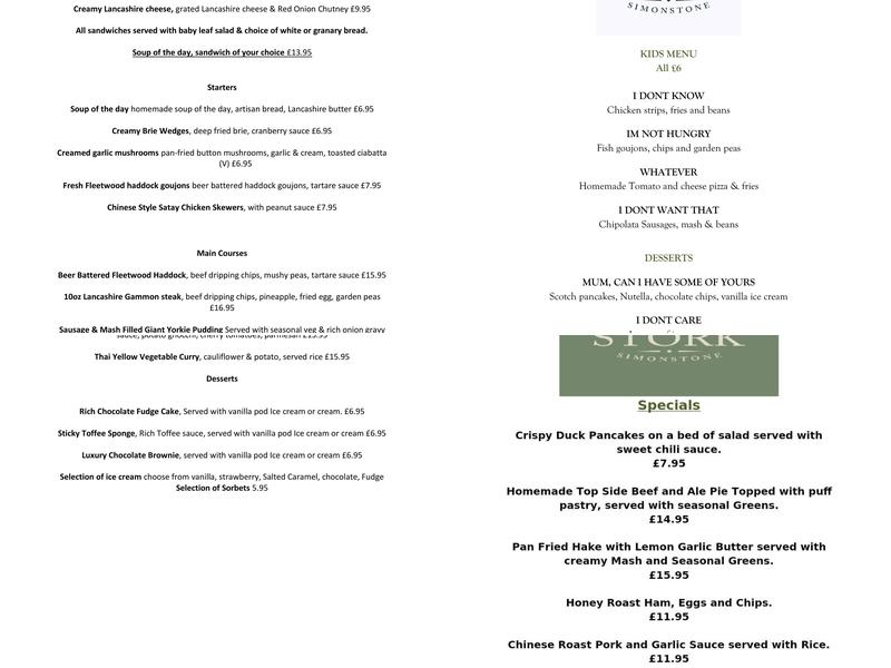 The Stork Hotel Menu