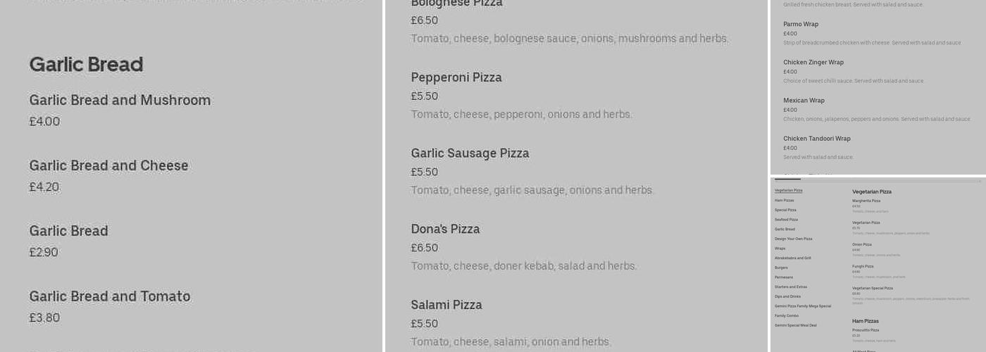 Gemini's Pizzas Menu