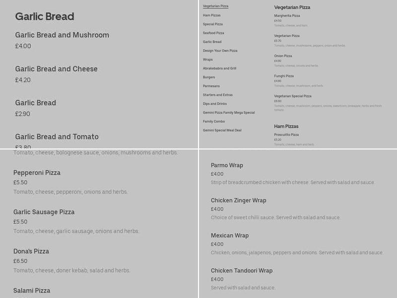 Gemini's Pizzas Menu
