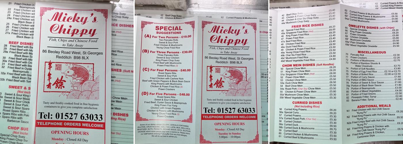 Micky's Chippy Menu