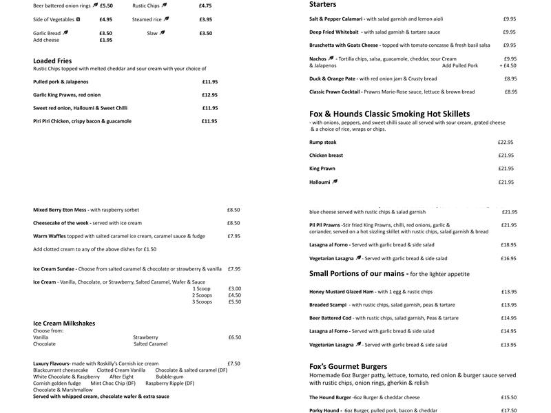 The Fox & Hounds Comford Menu