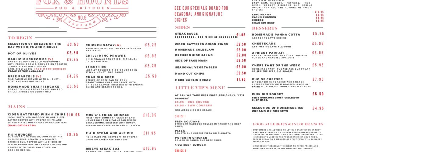The Fox And Hounds Menu
