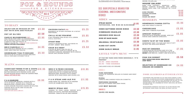 The Fox And Hounds Menu