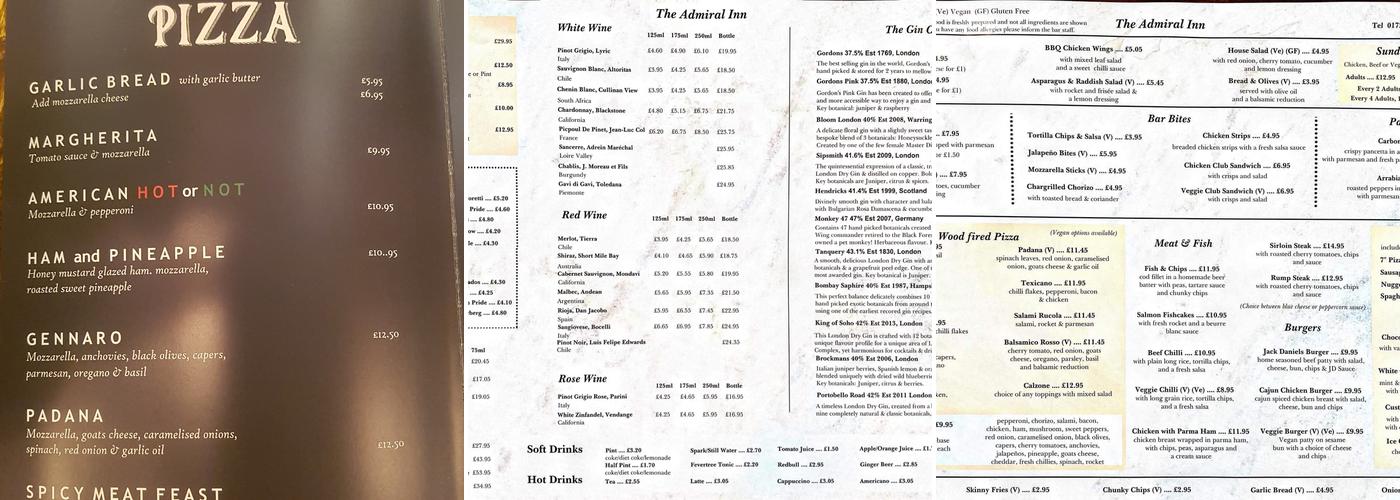 The Admiral Inn Menu