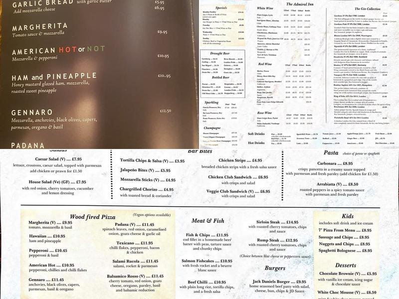 The Admiral Inn Menu