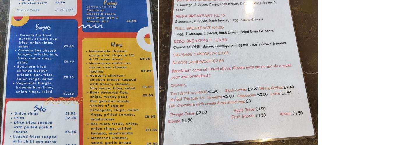 Harkers Corner Cafe Menu