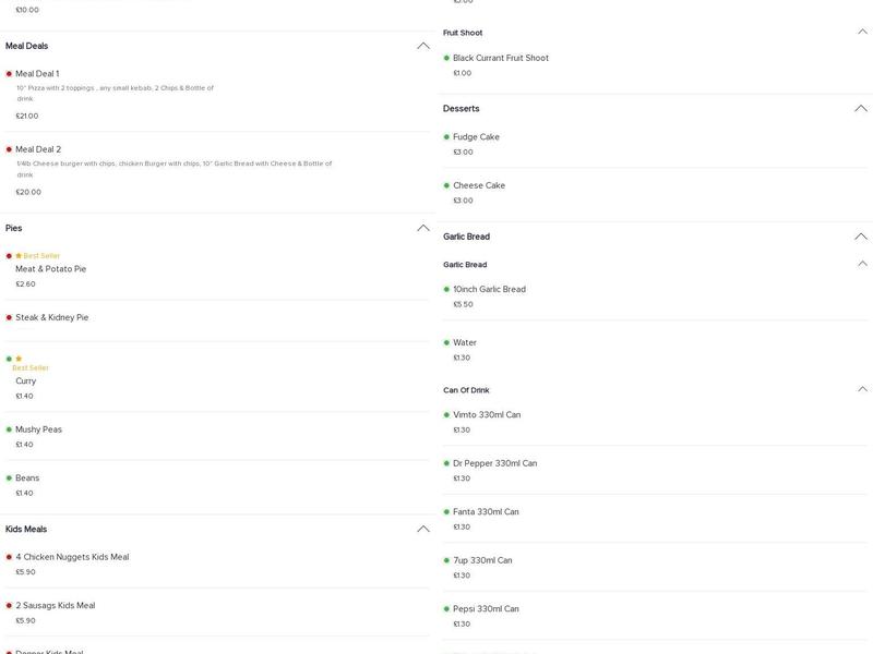 Meelava Chippy Pizza and Kebab Menu