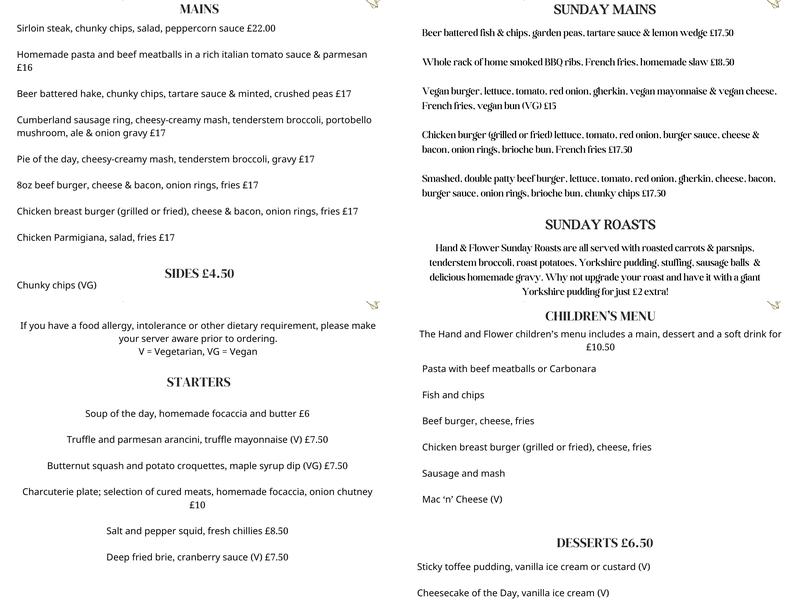 The Hand and Flower Menu