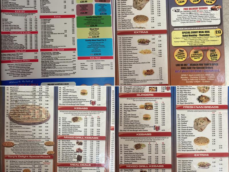 Tony's Delight Menu