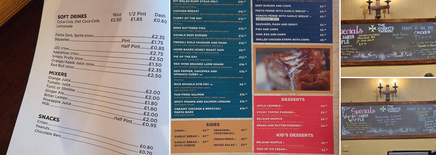 Knights Tafarn Menu