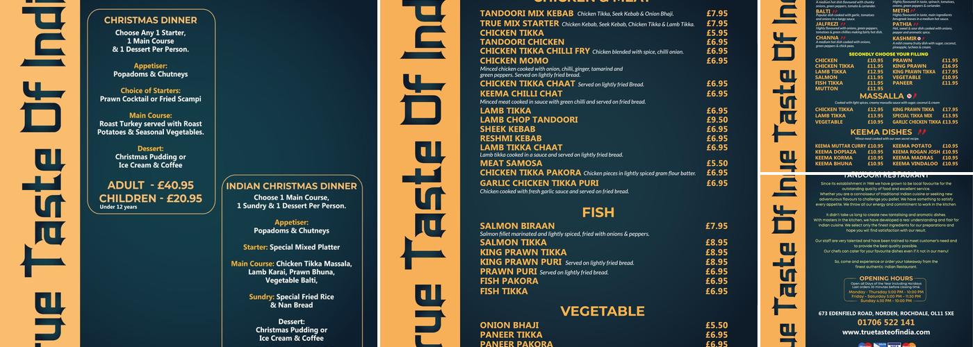 The True Taste Of India Menu