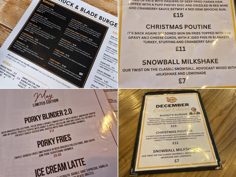 Chuck and Blade Burgers Menu