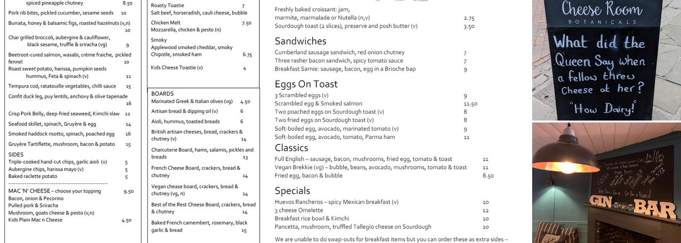 The Cheese Room Botanicals Menu