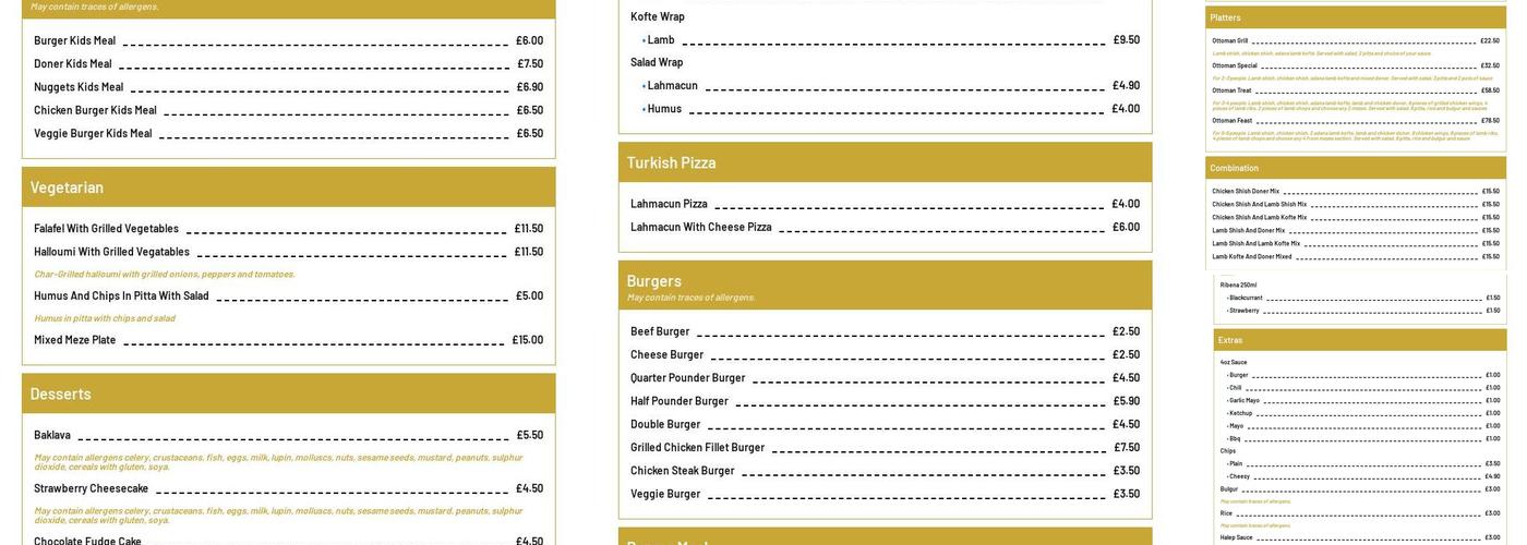 Ottomans Turkish Restaurant Menu