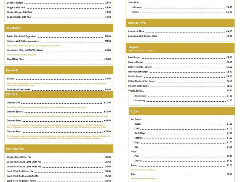 Ottomans Turkish Restaurant Menu