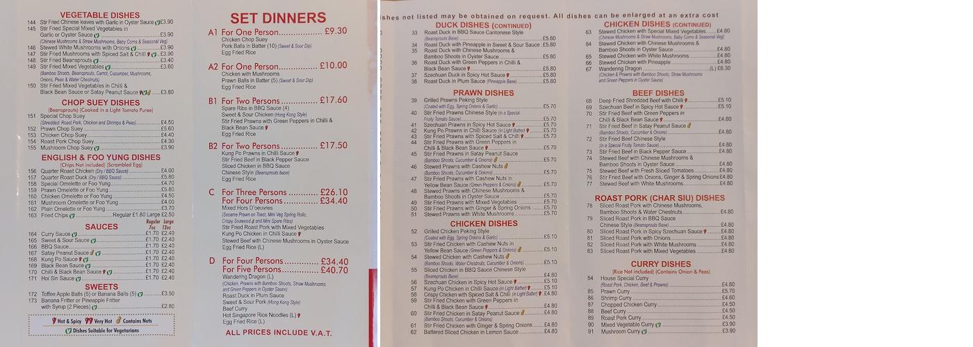Great Wall Chinese Takeaway Menu