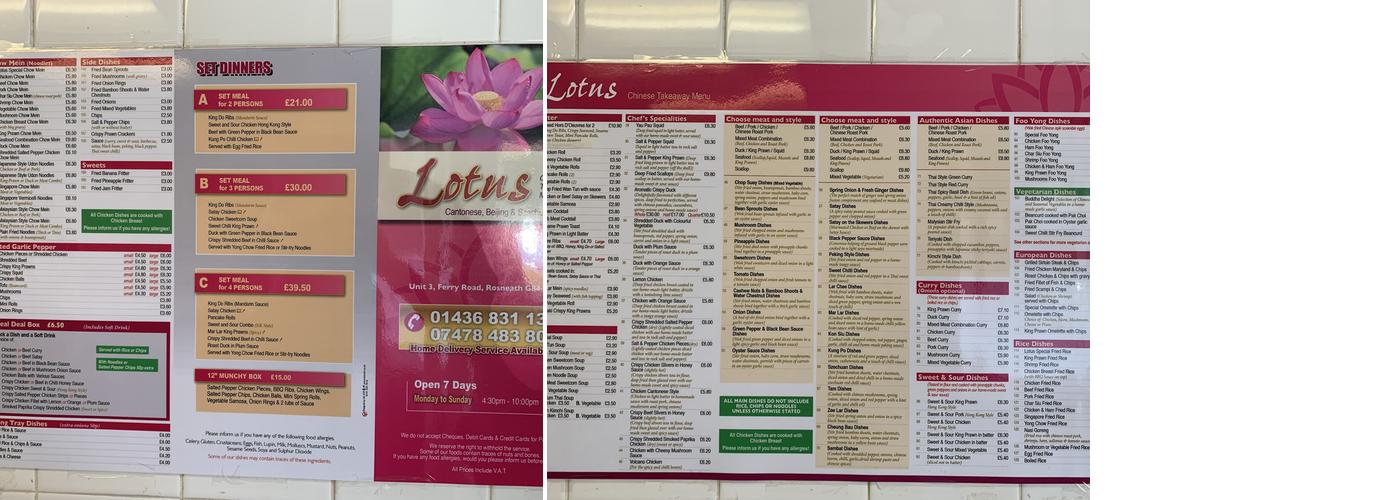 Lotus Takeaway Menu