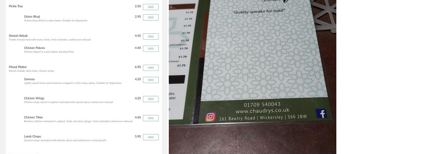 Chaudrys Restaurant Menu