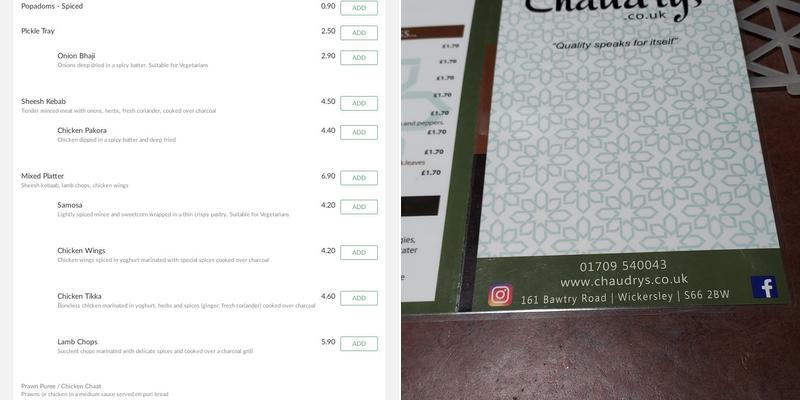 Chaudrys Restaurant Menu