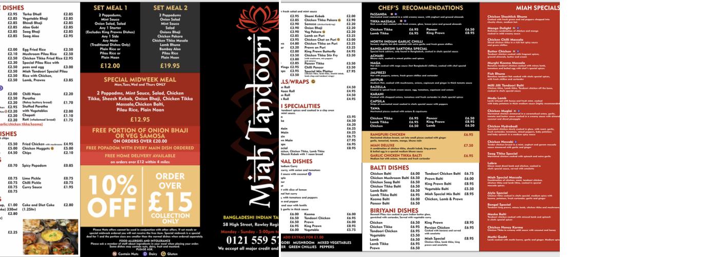 Miah Tandoori Menu