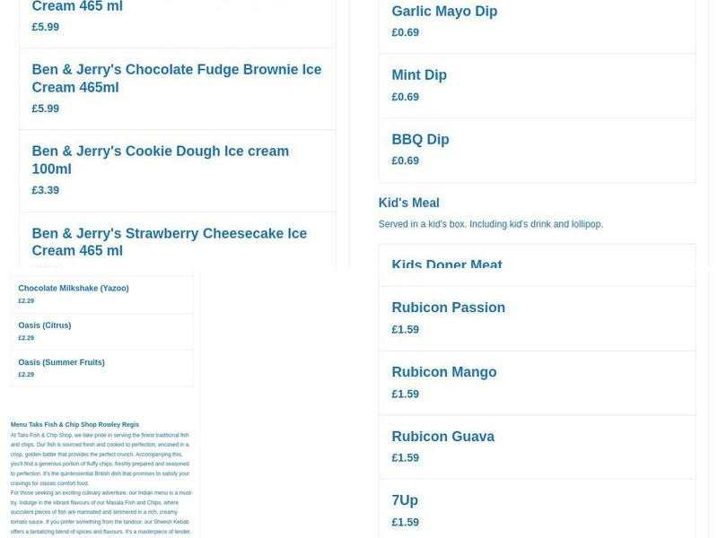 Taks Fish & Chip Shop Menu