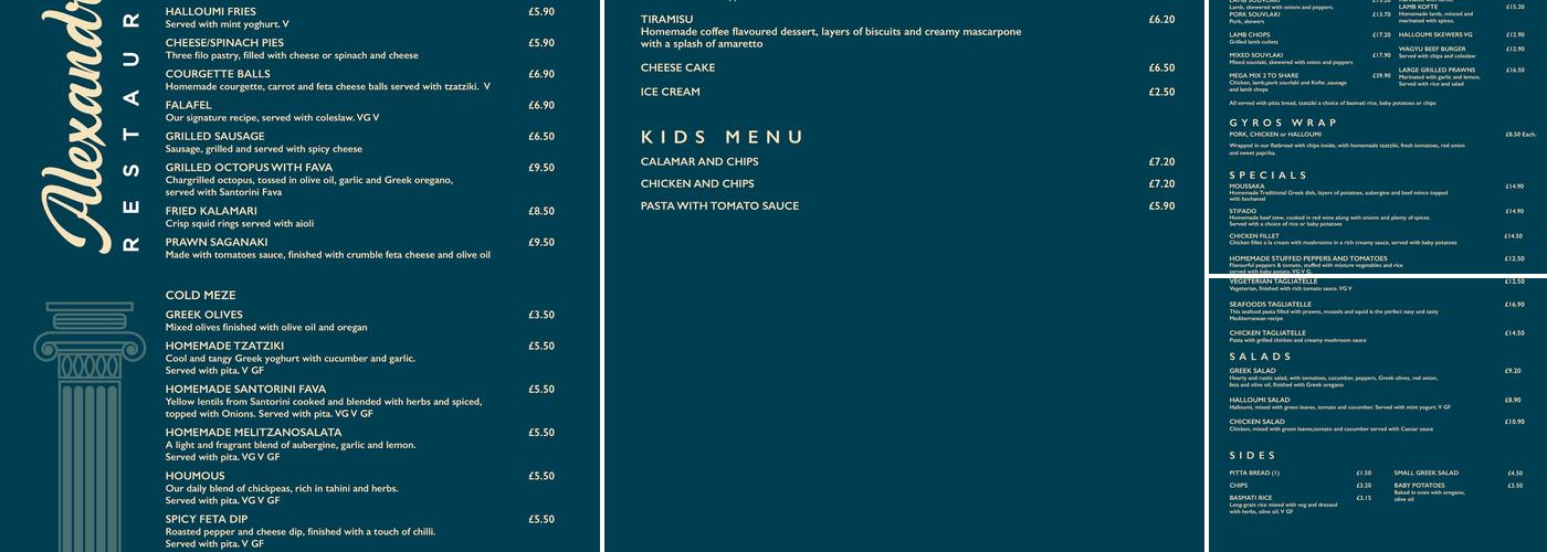 Alexandra's Restaurant Menu