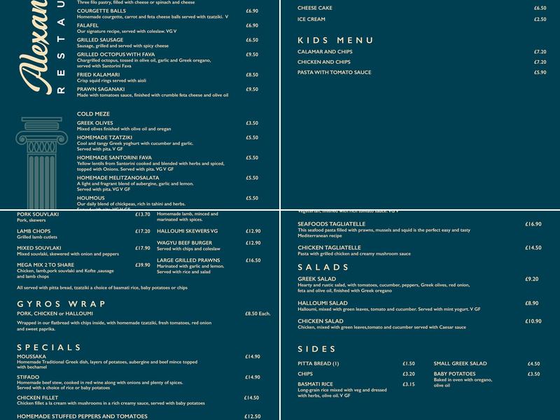 Alexandra's Restaurant Menu