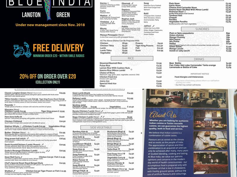 Blue India Langton Green Menu