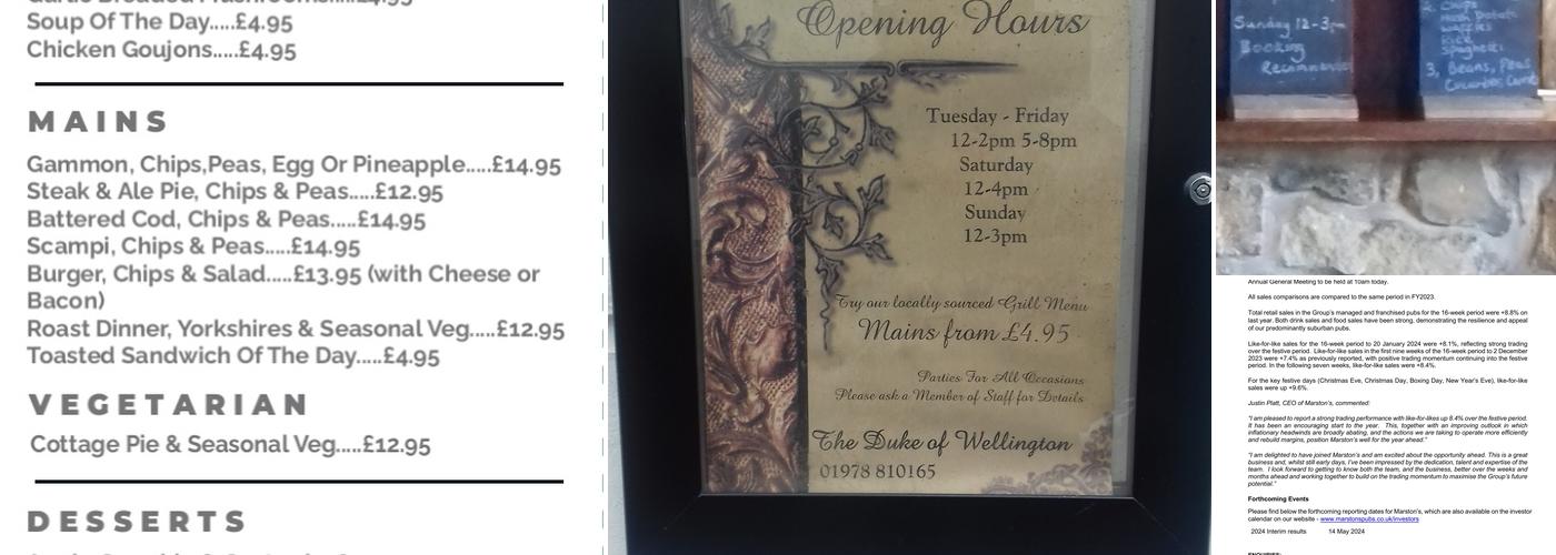 Duke Of Wellington Menu