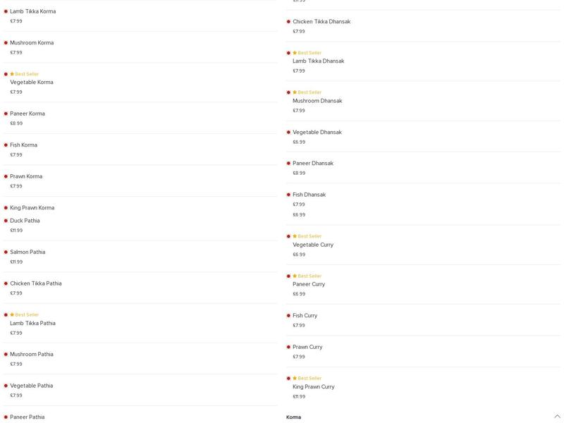 The Rugeley Spice Menu