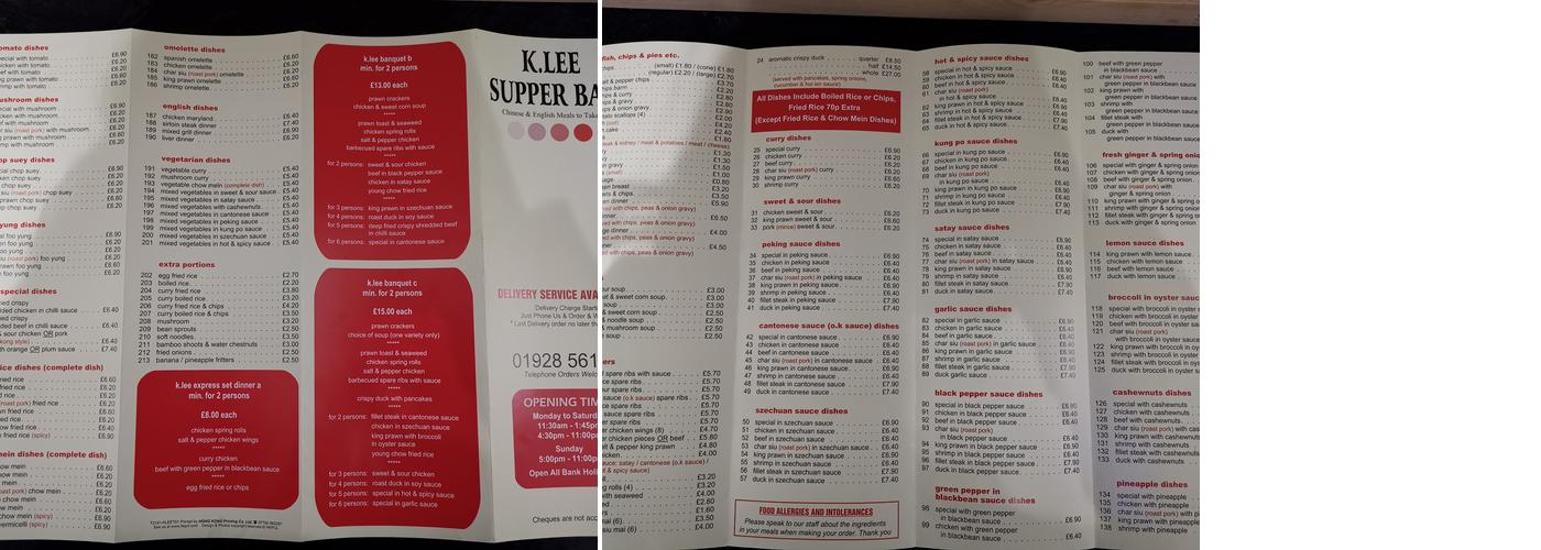 K.Lee Supper Bar Menu