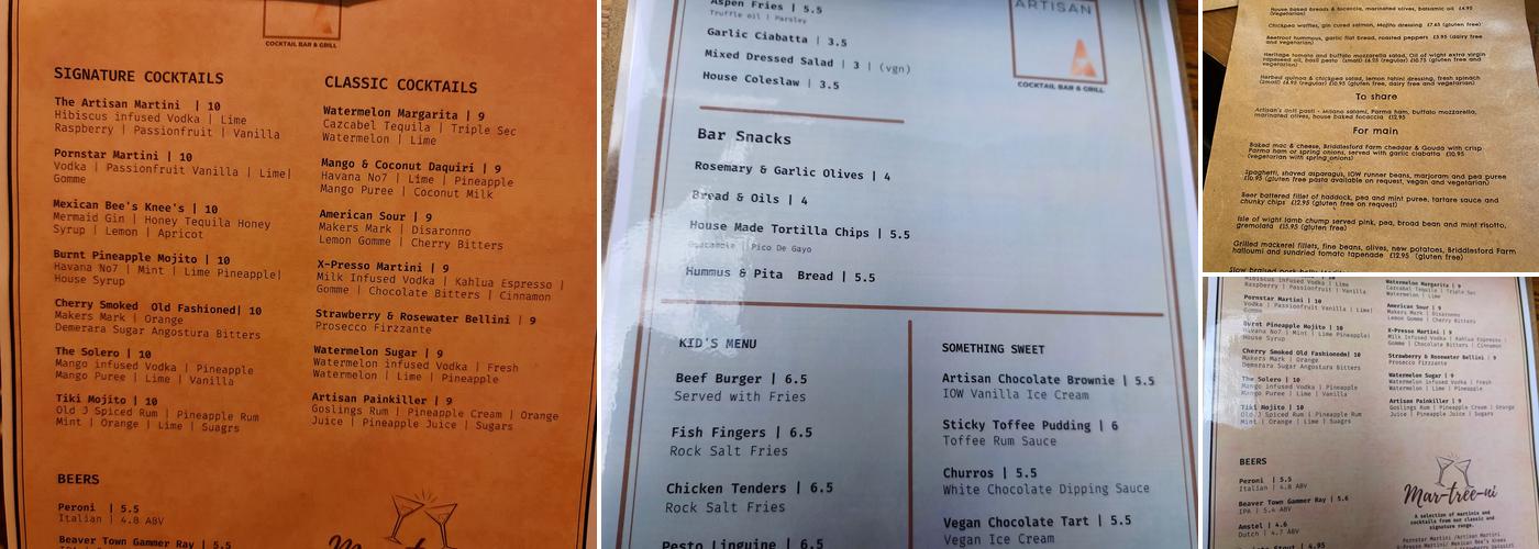 Artisan Cocktail Bar & Grill Menu