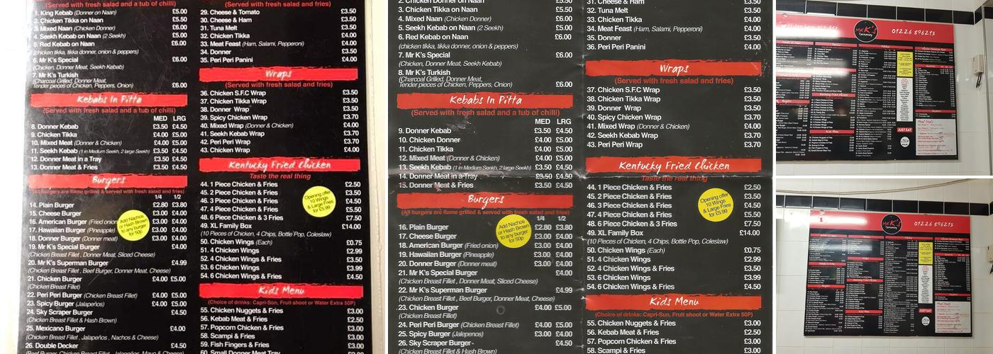 Mr K's Takeaway Menu