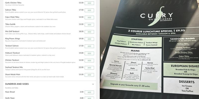 Curry on the corner Menu