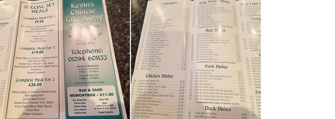 Kevin's Chinese Take Away Menu