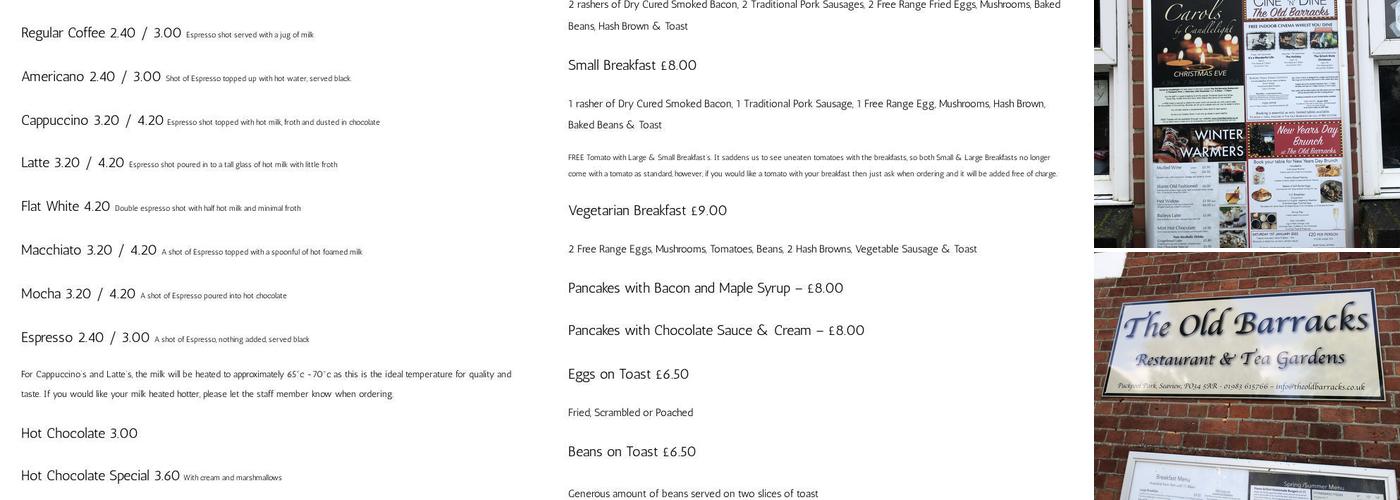 The Old Barracks Menu