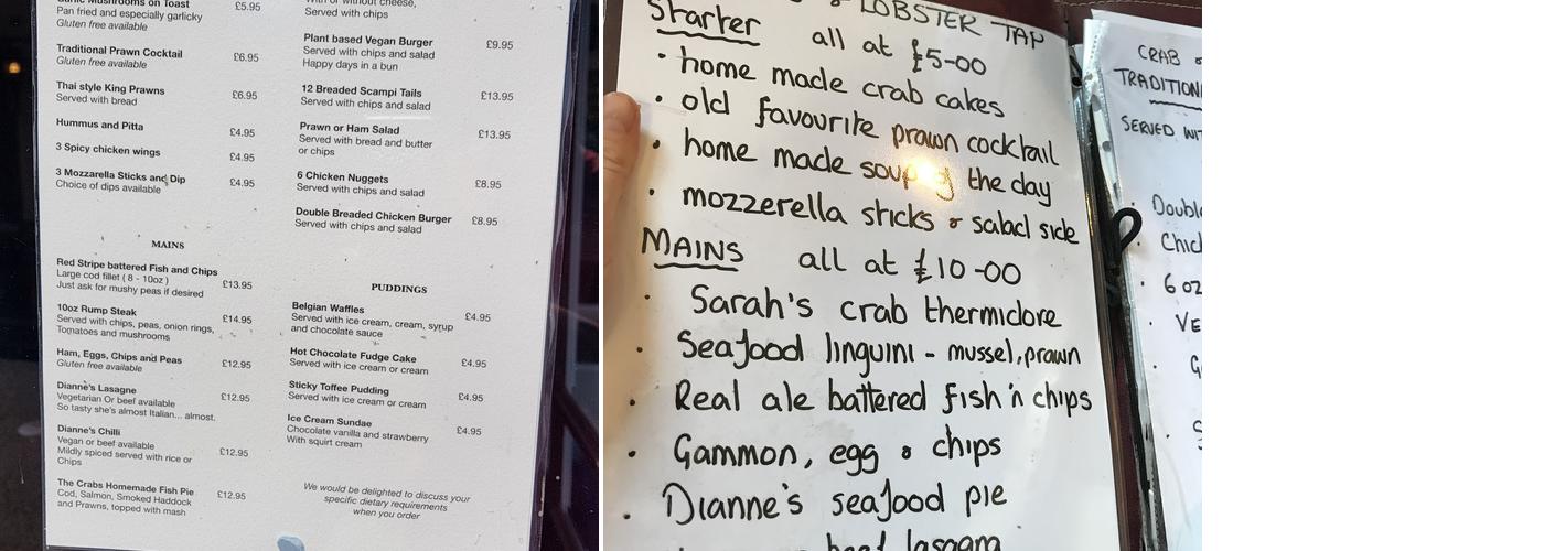 The Crab & Lobster Tap Menu