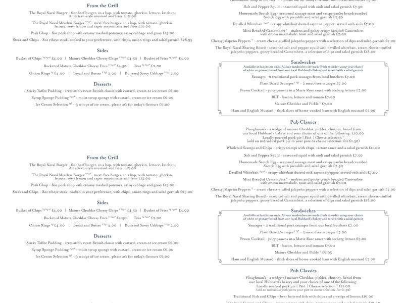Royal Naval Reserve Menu