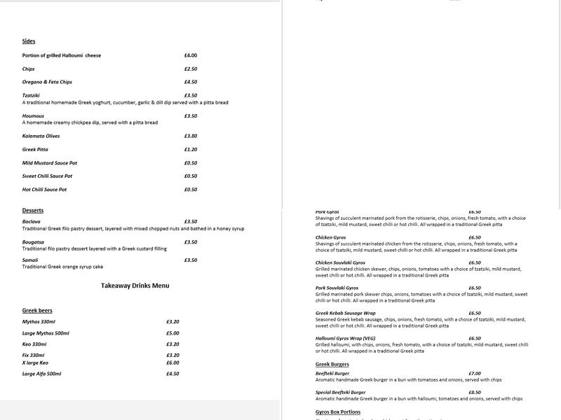 Thomas' Taverna Menu