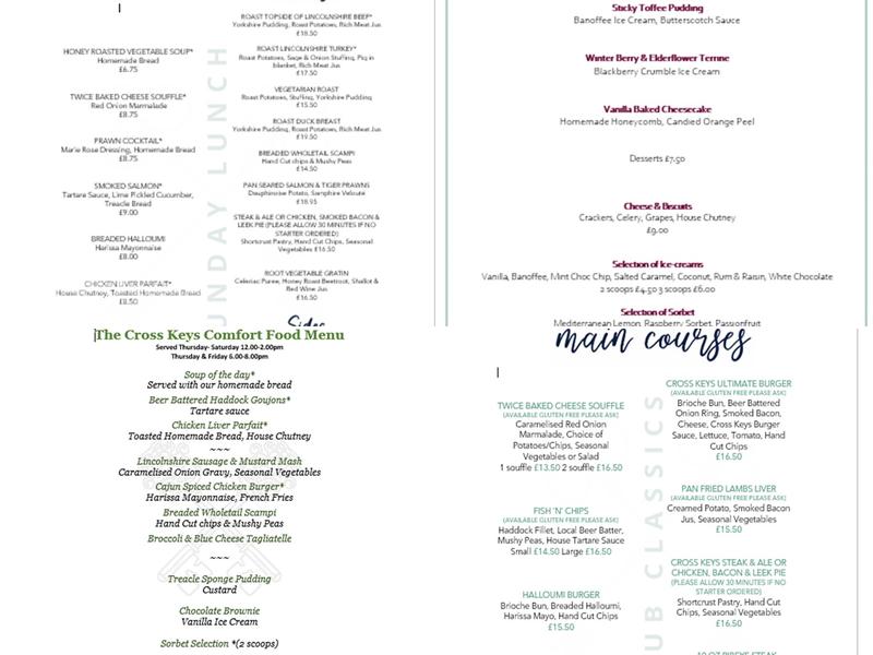 The Cross Keys Stow Menu