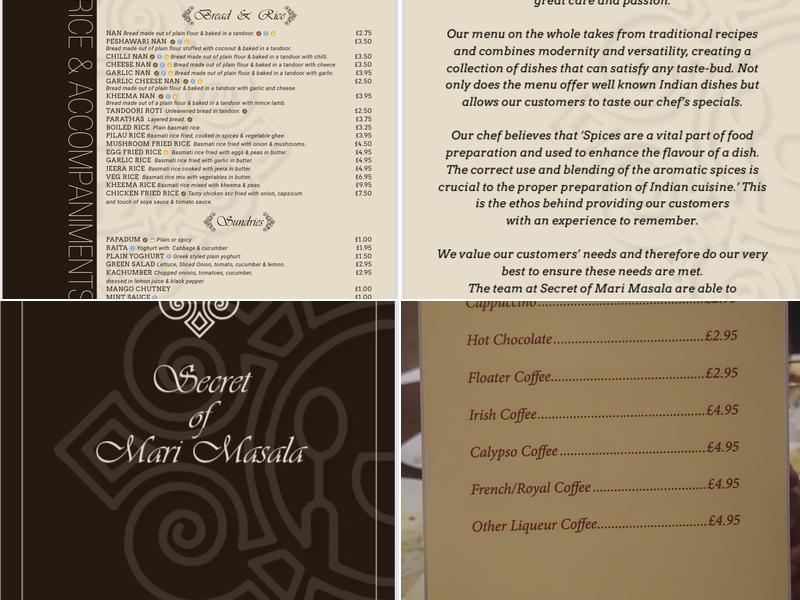 Secret of Mari Masala Menu