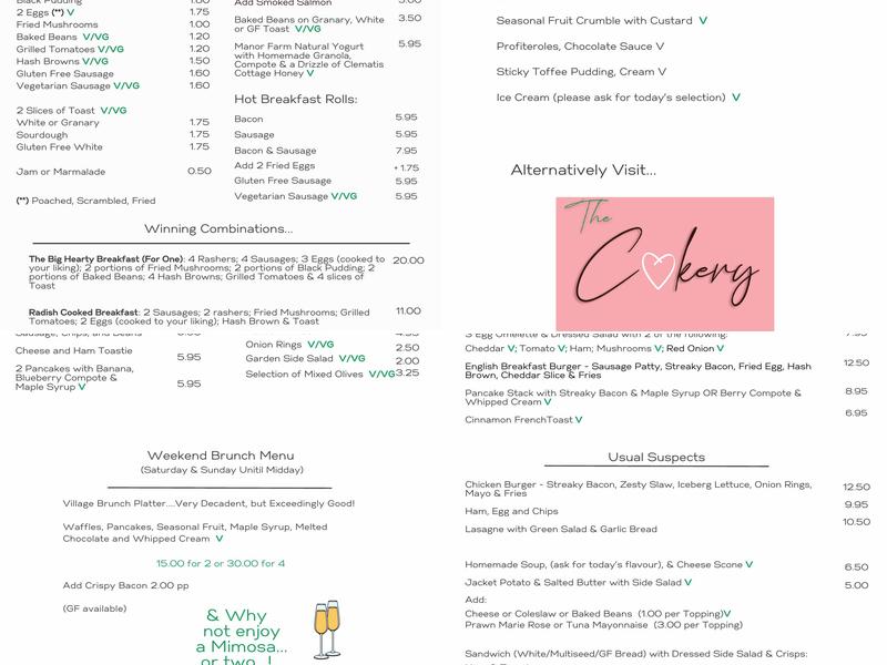 The Garden Village Café Menu
