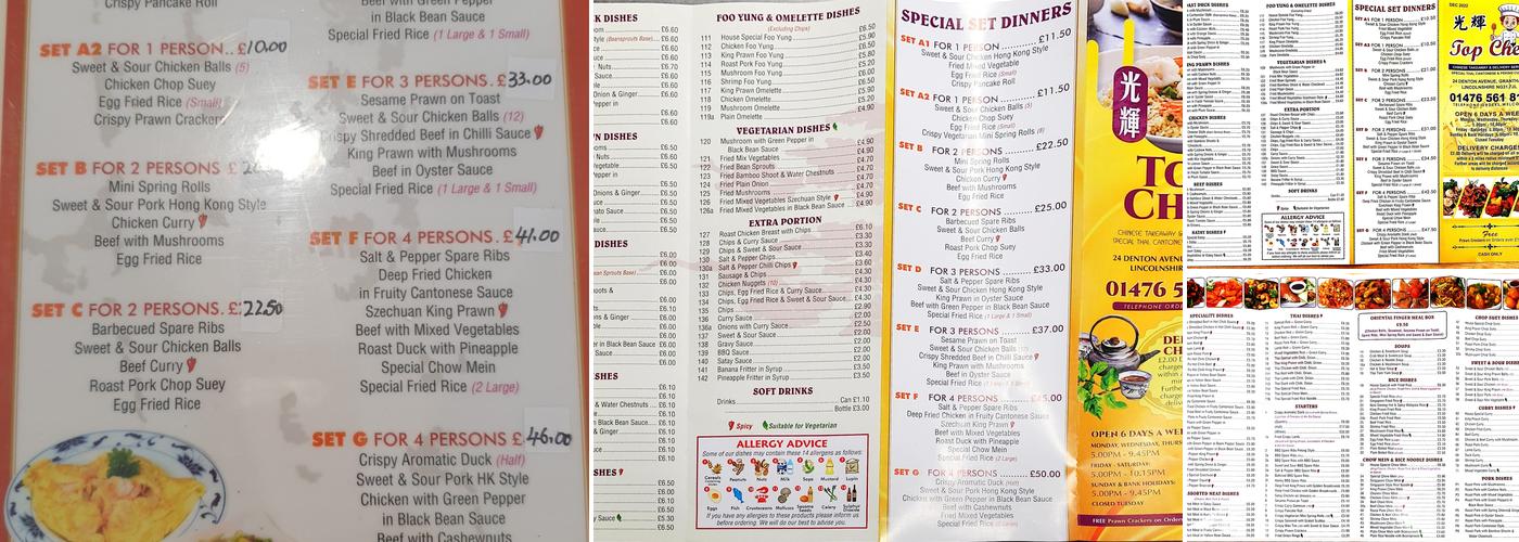 Top chef Chinese takeaway grantham Menu