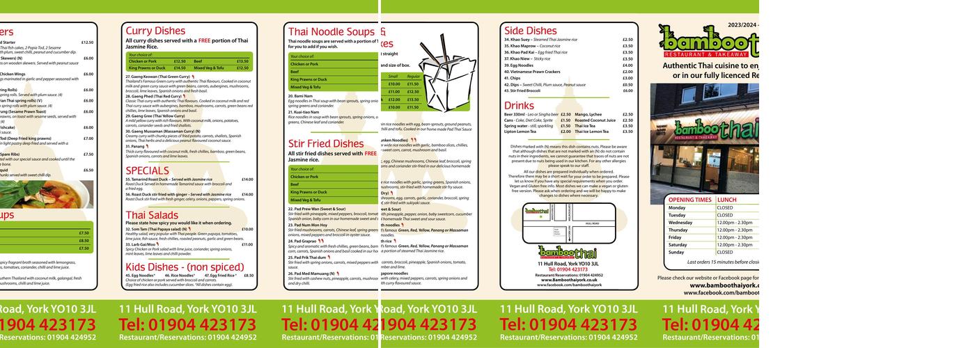 Bamboo Thai Restaurant and Takeaway Menu