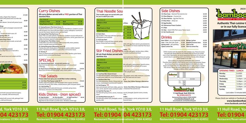 Bamboo Thai Restaurant and Takeaway Menu