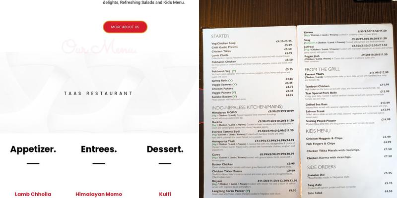 Taas Restaurant Menu
